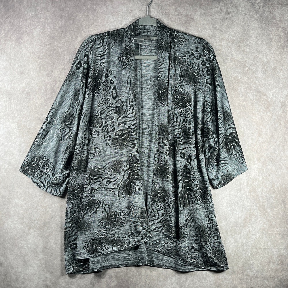 Chico's Travelers Cardigan Sweater Womens Size 2 US‎ Large Gray Leopard Artsy